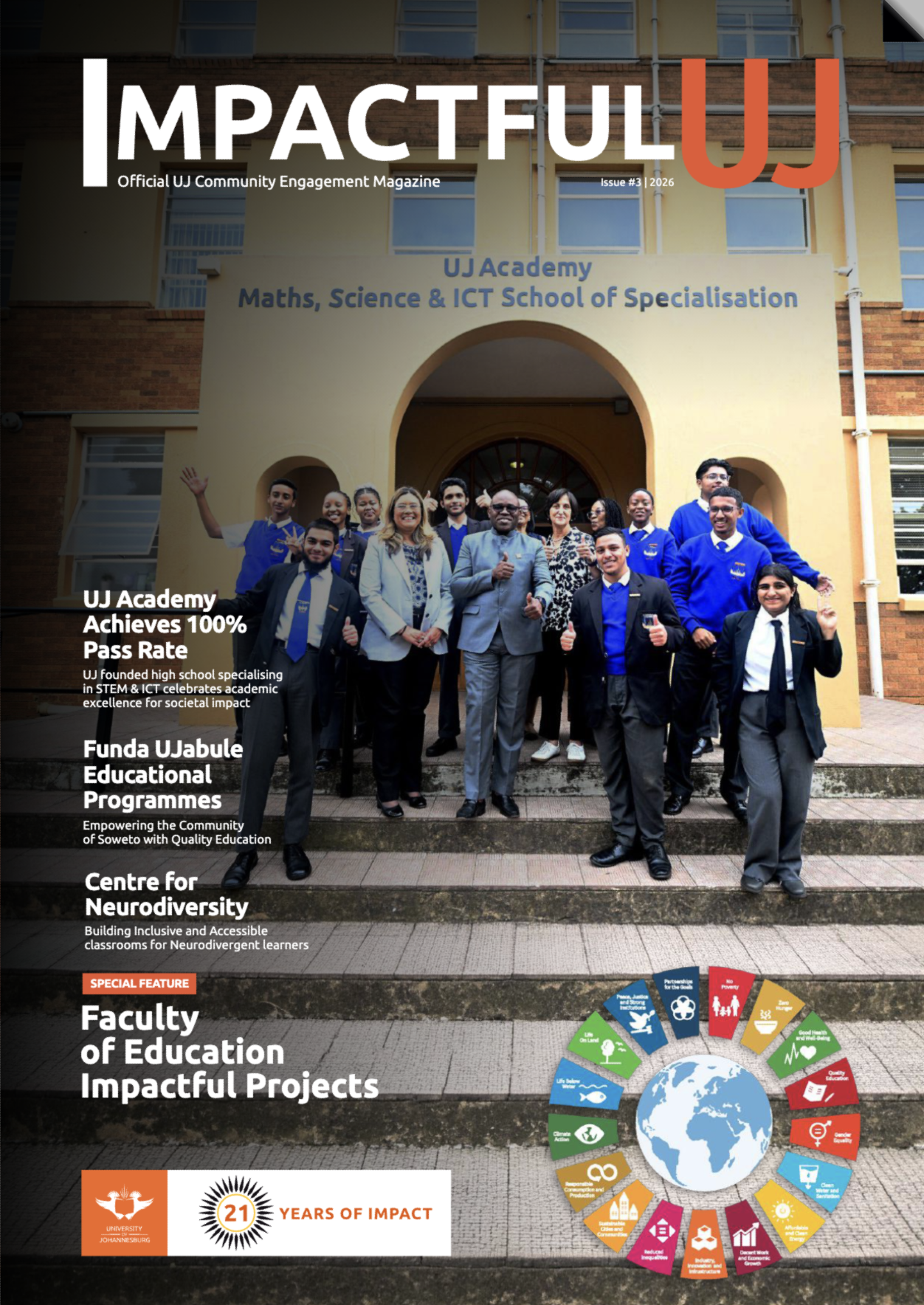 Group of diverse students and staff posing on university steps in front of the UJ Academy building; magazine cover titled Impactful UJ.