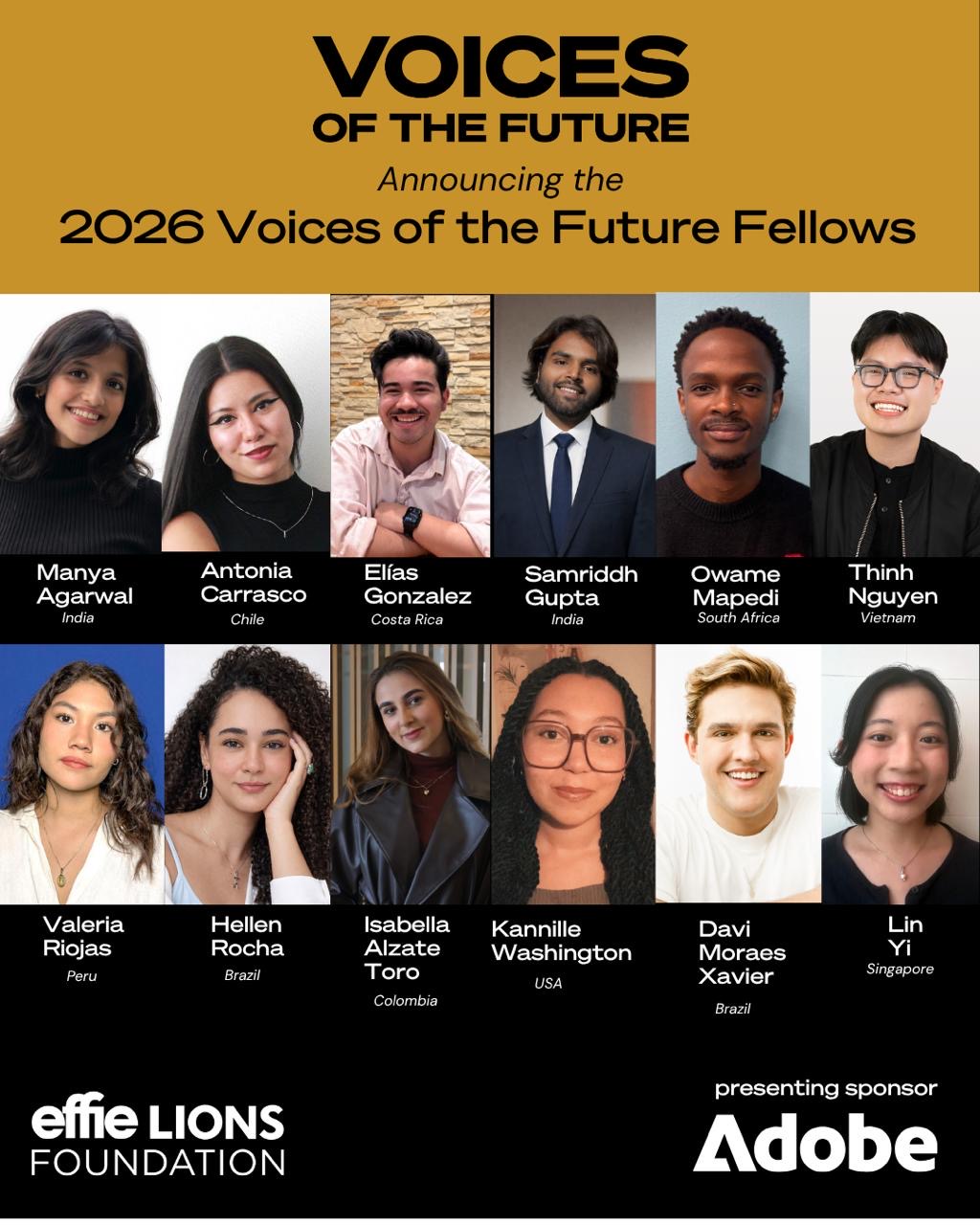 Twelve headshots under the 'Voices of the Future Fellows 2026' banner showing a diverse group of young professionals.