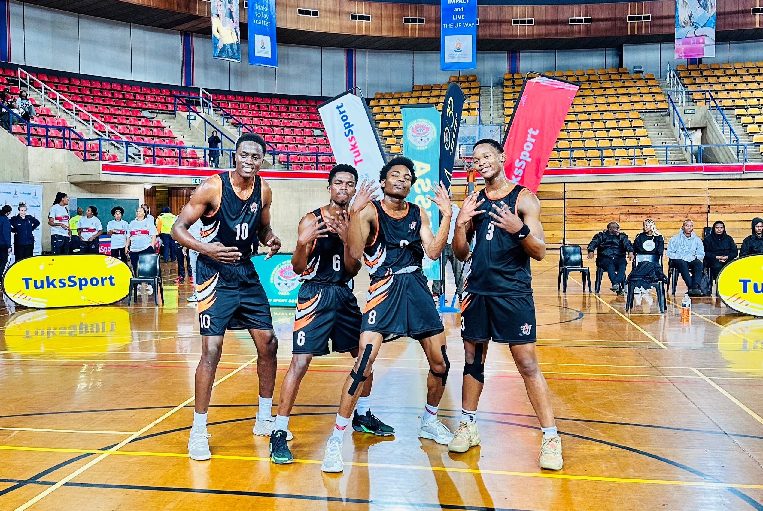 From Left - UJ players John Olu-Daniels, Sbongakonke Mkhanazi, Adrien Belo and Thabang Ndlovu who won the USSA Basketball 3x3 Championship