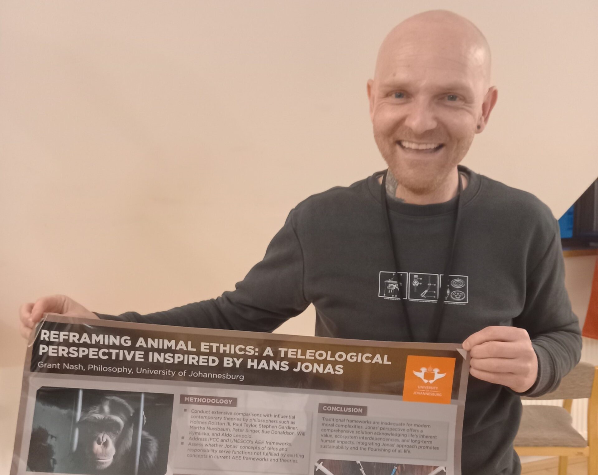 Grant Nash, a PhD student, focuses on Reframing Animal Ethics: A Teleological Perspective Inspired By Hans Jonas.