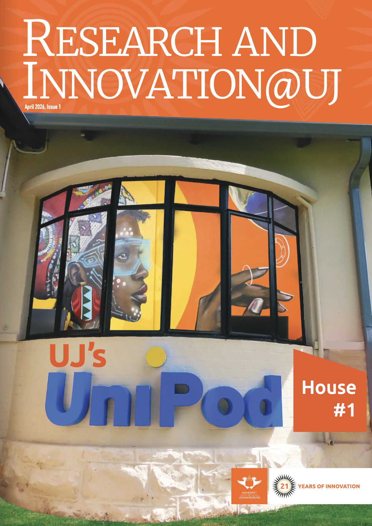 Storefront with an orange banner reading 'RESEARCH AND INNOVATION@UJ' above a colorful mural window and a blue 'UniPod' sign on the wall below.