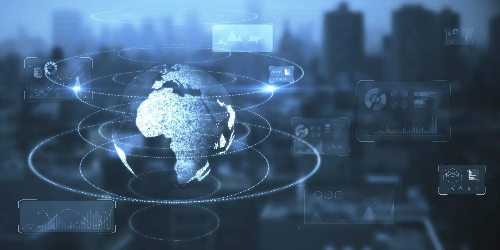 Global data network visualization: a blue-globe with orbiting charts and holographic dashboards surrounding it